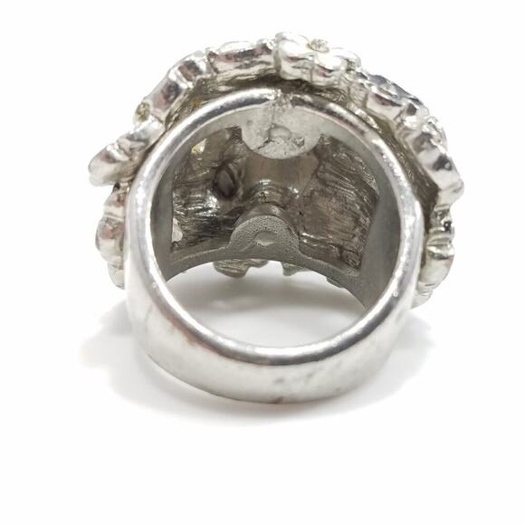 Enamel Floral Statement Ring Black Gray White Rhinestones Size 6.5 Vintage - Picture 5 of 10